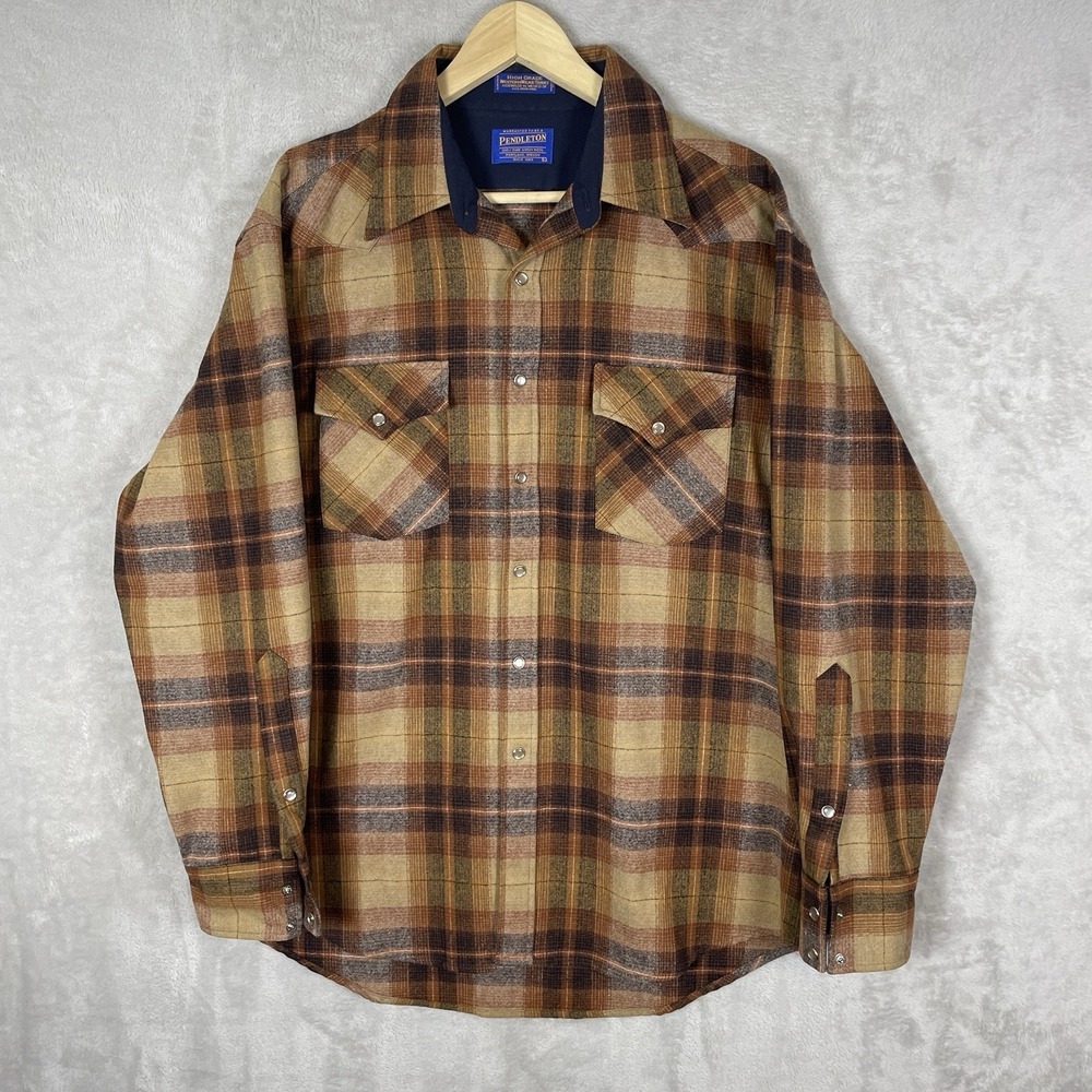 Pendleton High Grade Western Wear Pearl Snap Shirt Meng Large Vintage Wool Plaid